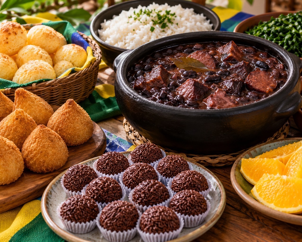 Brazilian foods including brigadeiro, pão de queijo, coxinha, and feijoada
